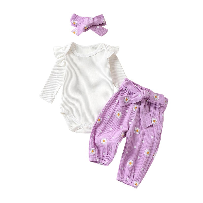 Adorable Baby Girl Autumn 3-Piece Cotton Outfits Set with Floral Romper, Pants, and Headband