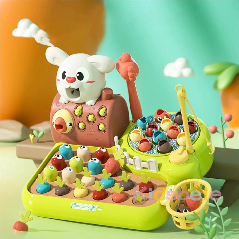 Montessori 4-in-1 Learning Toy Set for Toddlers: Fun Fishing, Whac-A-Mole, Carrot Pulling & Feeding Activities for Ages 1-3