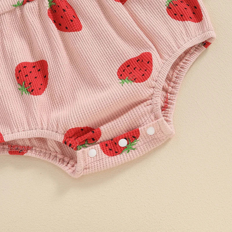 Adorable Baby Girl Summer Strawberry Print Romper and Headband Set - Cute Sleeveless Outfit