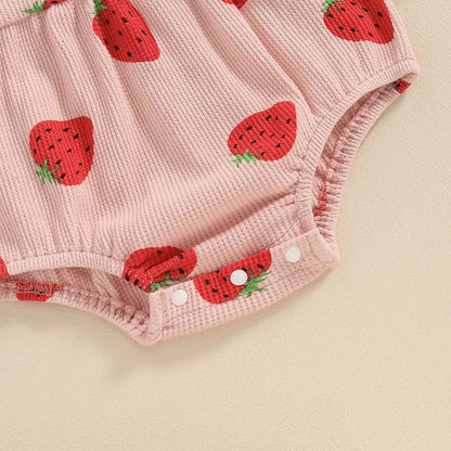 Adorable Baby Girl Summer Strawberry Print Romper and Headband Set - Cute Sleeveless Outfit
