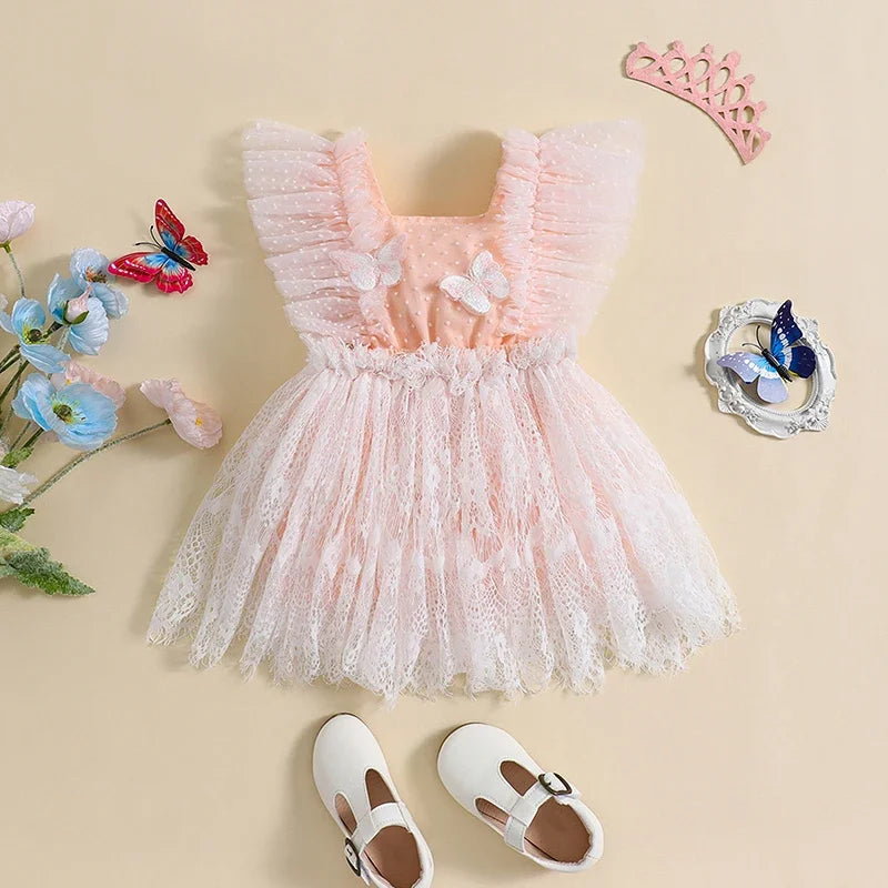 Adorable Baby Girl Summer Romper with Butterfly Embellishments and Swiss Dot Lace for Newborns