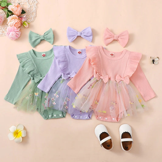Adorable Baby Girls Floral Ruffled Long Sleeve Romper Dress with Headband Set for Newborns