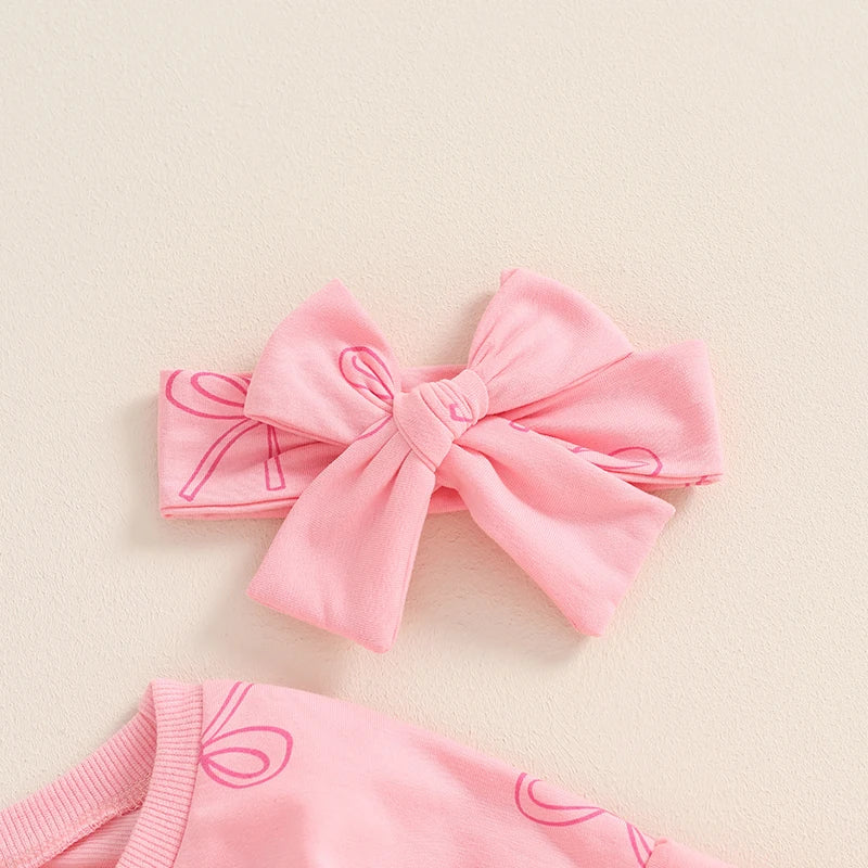 Adorable Infant Baby Girls Full Sleeve Bow Print Romper with Headband for Spring and Autumn