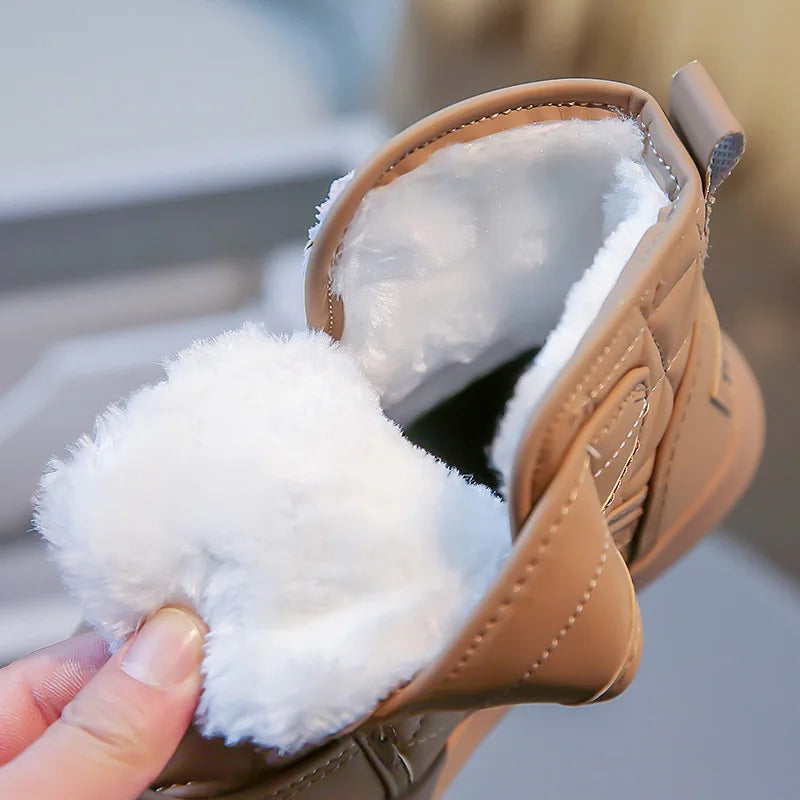 2024 Stylish Plush Leather Winter Boots for Kids - Warm Snow Shoes with Drawstring and Soft Soles for Boys and Girls