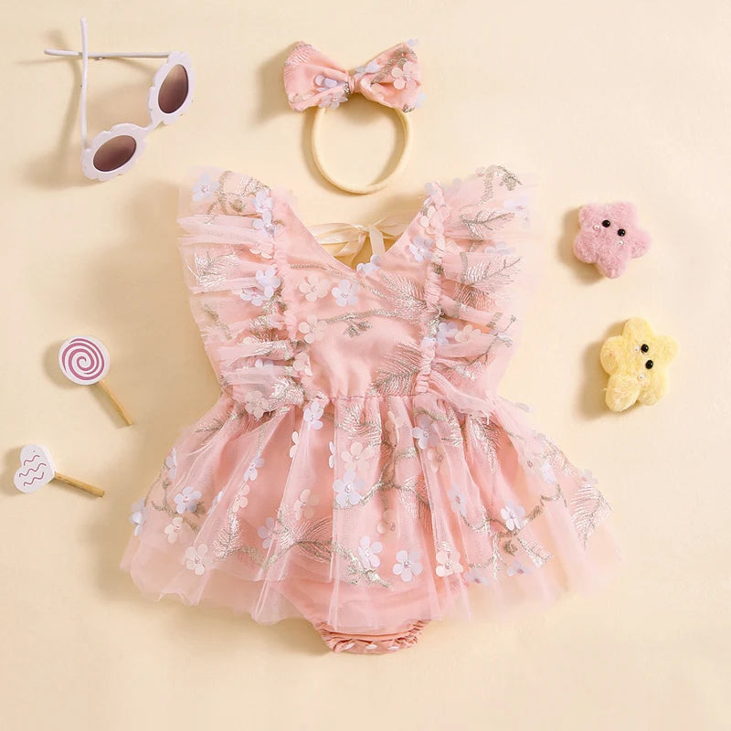 Summer Floral Embroidered Baby Girl Romper Dress Set with Tulle Skirt and Bowknot Headband