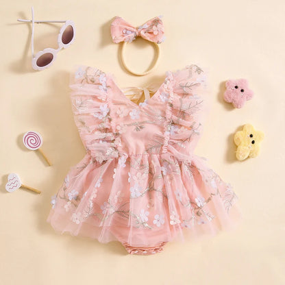 Summer Floral Embroidered Baby Girl Romper Dress Set with Tulle Skirt and Bowknot Headband