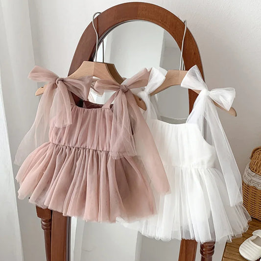 Sleeveless Summer Tutu Romper with Bows for Baby Girls - Lace Princess Jumpsuit for Newborn Photography