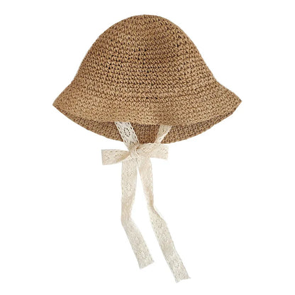 Adjustable Summer Straw Bucket Hat for Kids - Windproof Lace Travel Accessory for Boys and Girls (Ages 2-6)