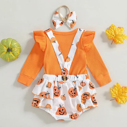 Adorable Baby Girl Long Sleeve Pumpkin Print Romper Set with Overall Shorts and Headband for Halloween