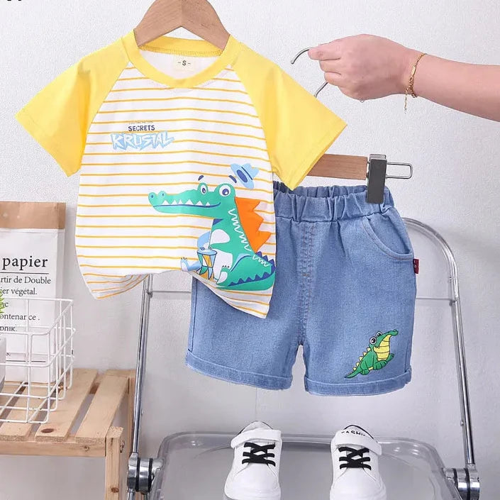 Adorable 2023 Summer Cartoon Crocodile T-Shirt and Denim Shorts Set for Baby Boys