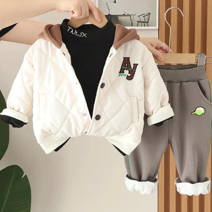 Winter Sports Style Three-Piece Hooded Jacket and Pants Set for Boys