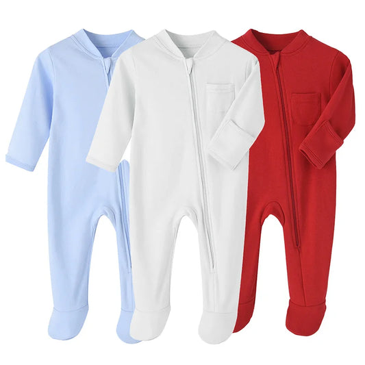 Unisex Newborn Cotton Footed Romper Jumpsuit for Spring and Autumn - Soft Solid Color Bodysuit for Infants