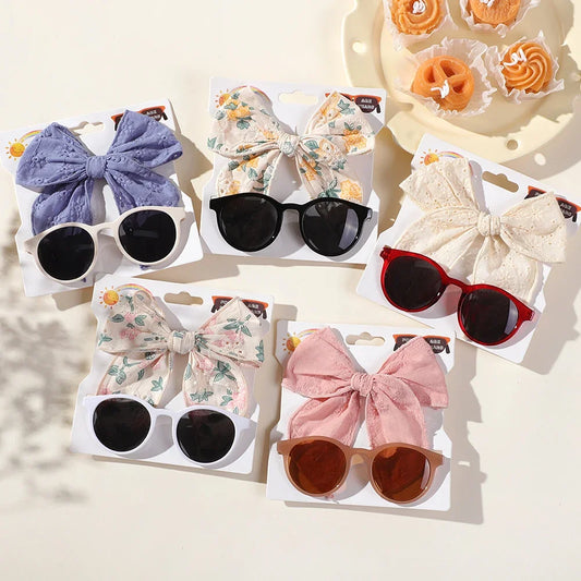 2-Pack Adorable Large Bow Hair Clips with Vintage Sunglasses for Kids - Handmade Printed Cheer Bow Hair Grips for Girls' Accessories