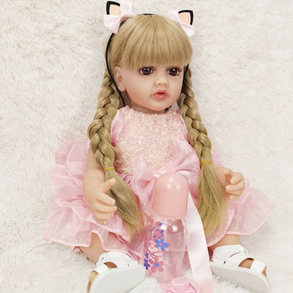 22-Inch Lifelike Reborn Toddler Girl Doll with Soft Silicone Body and Wig Hair - Perfect Gift for Kids