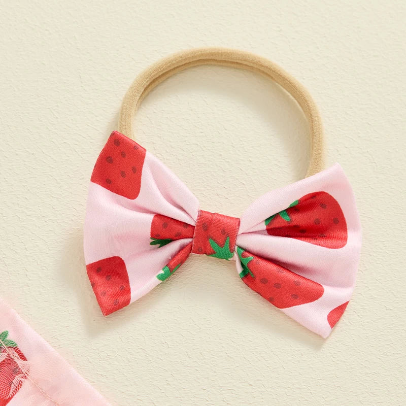 Adorable Baby Girl Summer Ruffle Romper Dress with Strawberry Print and Matching Headband Set