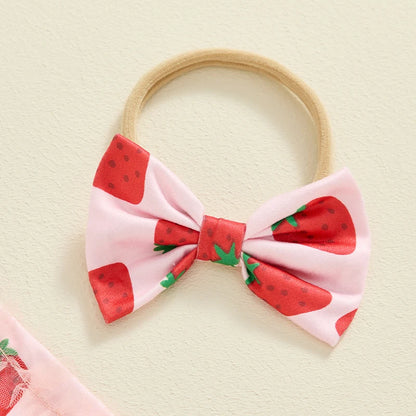 Adorable Baby Girl Summer Ruffle Romper Dress with Strawberry Print and Matching Headband Set
