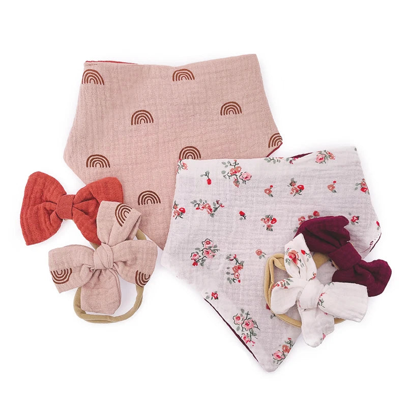3-Piece Muslin Cotton Baby Bib and Bow Headband Set - Adjustable Triangle Saliva Towel for Infants and Toddlers