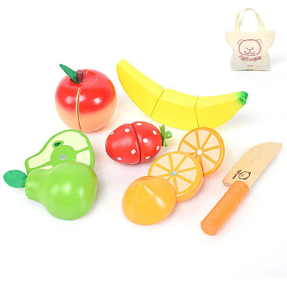 Wooden Fruit and Vegetable Cutting Play Set for Kids - Montessori Educational Kitchen Toy for Imaginative Role Play