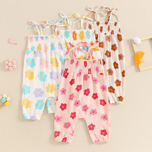 Toddler Summer Floral Print Romper with Square Neck and Spaghetti Straps for Girls