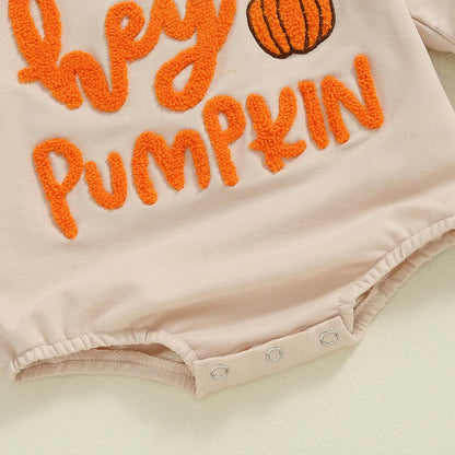 Adorable Halloween Baby Rompers for Boys & Girls - Pumpkin & Letter Embroidery, Long Sleeve Jumpsuits for Newborns