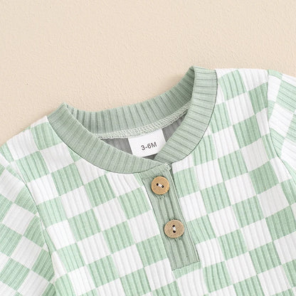 Trendy Baby Boys Summer Ribbed Checkerboard Bodysuit and Shorts Set (0-18 Months)