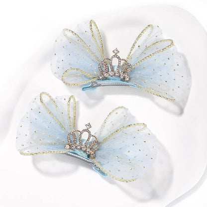 Set of 2 Organza Bow Hair Clips with Zircon Crown for Baby Girls - Cute Hairpins and Barrettes Accessories