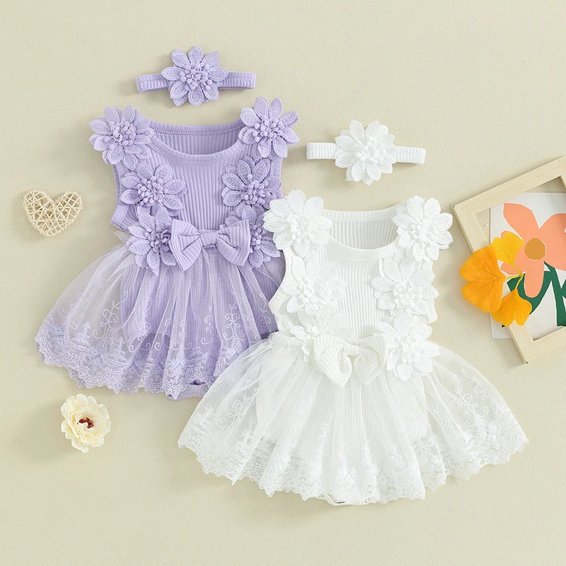 Adorable Baby Girl Summer Romper Set with Tulle and Lace - Sleeveless Floral Outfit with Headband