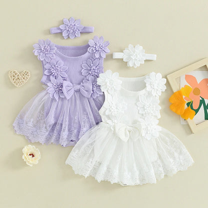 Adorable Baby Girl Summer Romper Set with Tulle and Lace - Sleeveless Floral Outfit with Headband