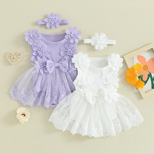 Adorable Baby Girl Summer Romper Set with Tulle and Lace - Sleeveless Floral Outfit with Headband
