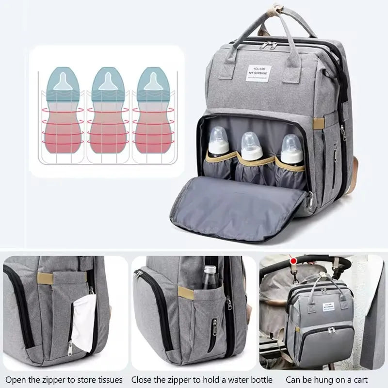 Stylish Multifunctional Diaper Bag Backpack with Baby Bed and Nursing Compartments