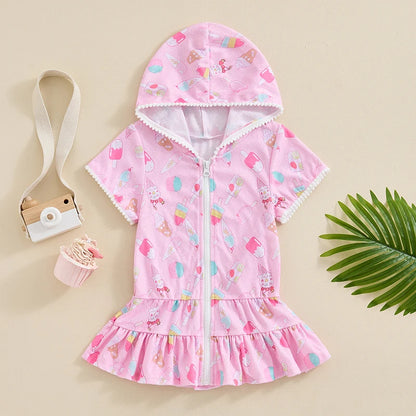 Toddler Kid Clothes Girls Summer Swimwear Cover Up Children Short Sleeve Ice Cream Print Zipper Hooded Dress Beachwear 1-8Y