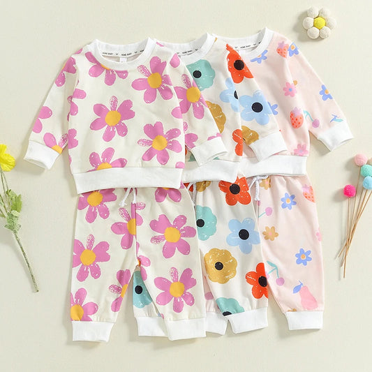 Toddler Girls' Flower Print 2-Piece Outfit Set for Spring and Autumn