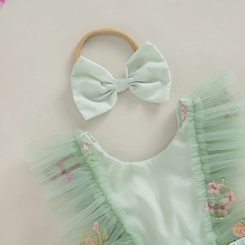 Adorable Baby Girl 2-Piece Floral Embroidery Tulle Romper Dress with Ruffle Sleeves and Headband Set