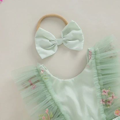 Adorable Baby Girl 2-Piece Floral Embroidery Tulle Romper Dress with Ruffle Sleeves and Headband Set