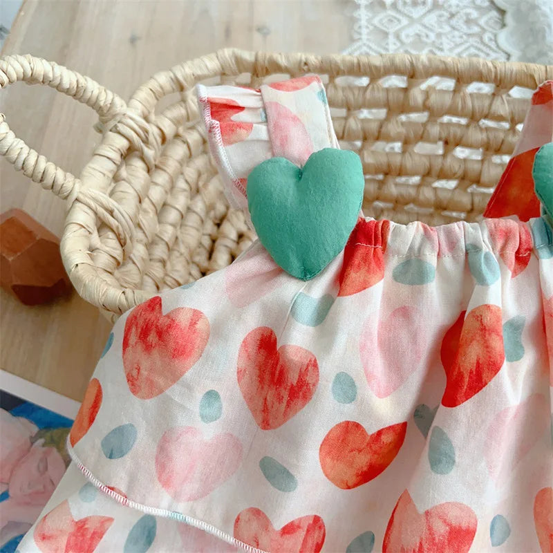 Summer Girls' Heart Print Sleeveless Romper Jumpsuit - Breathable Cotton-Polyester Blend Toddler Outfit