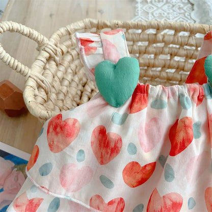 Summer Girls' Heart Print Sleeveless Romper Jumpsuit - Breathable Cotton-Polyester Blend Toddler Outfit