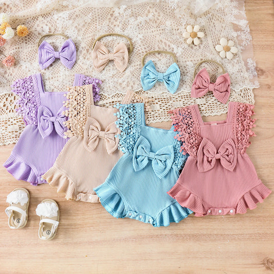 Toddler Girls Summer Lace Crochet Romper Set with Bow Headband - Cute Infant Outfit