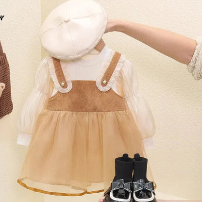 Sweet Spring/Summer Girls' Two-Piece Look Gauze Party Dress with Long Sleeves for Kids