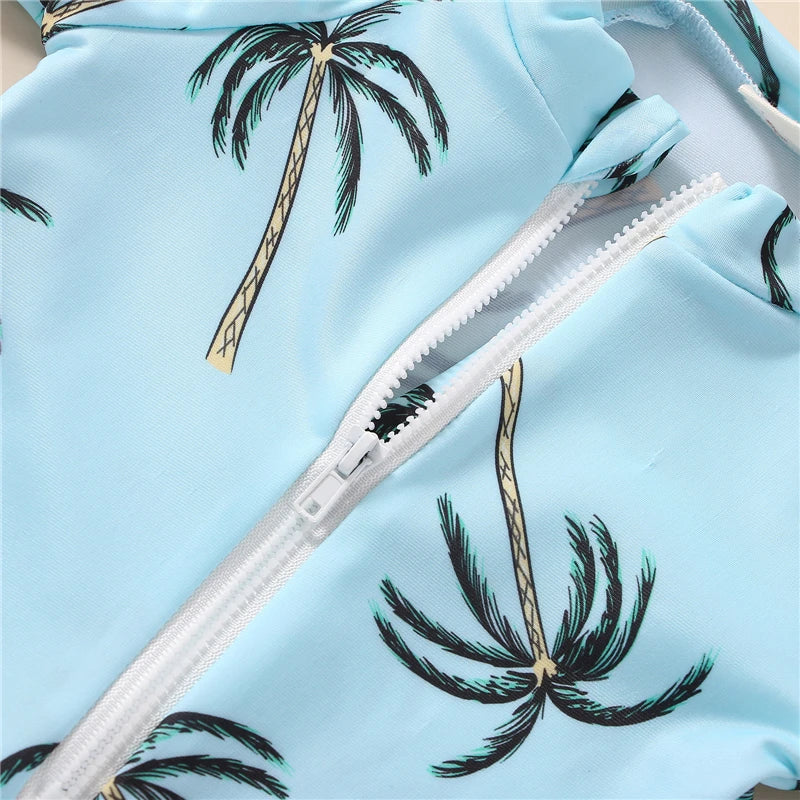 Toddler Unisex Blue Tropical Tree Print Short Sleeve Zipper Swimwear for Ages 1-5