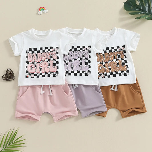 Toddler Summer Outfit Set for Baby Girls - Letter Print T-Shirt and Elastic Waist Shorts