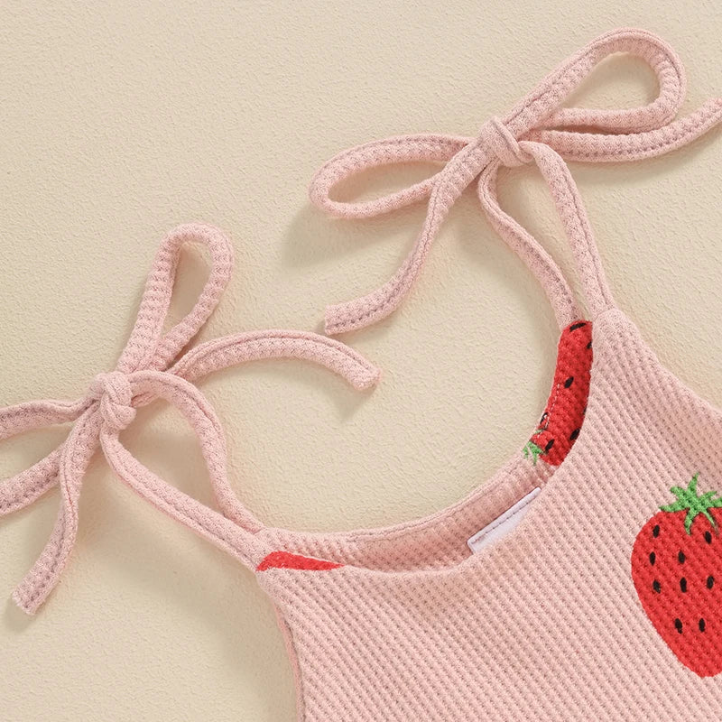 Adorable Baby Girl Summer Strawberry Print Romper and Headband Set - Cute Sleeveless Outfit