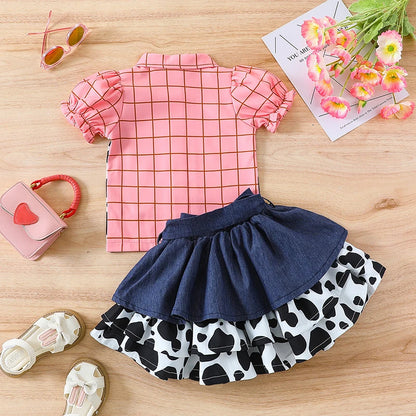 Toddler Girls Summer Outfit Set: Short Sleeve Cow Print Top with Denim Skirt