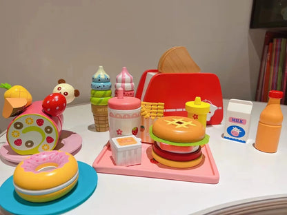 Wooden Breakfast Play Food Set - Donut, Hamburger & Hot Dog Simulation Toys for Kids 3-6 Years