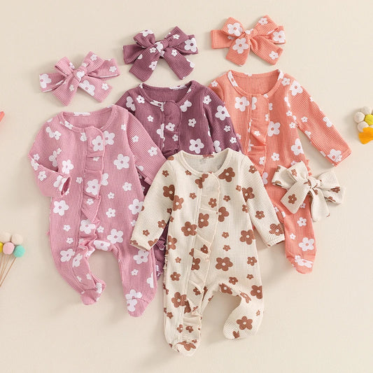 Adorable Autumn Baby Girls Ruffled Cotton Long Sleeve Zipped Romper Jumpsuit with Matching Headband