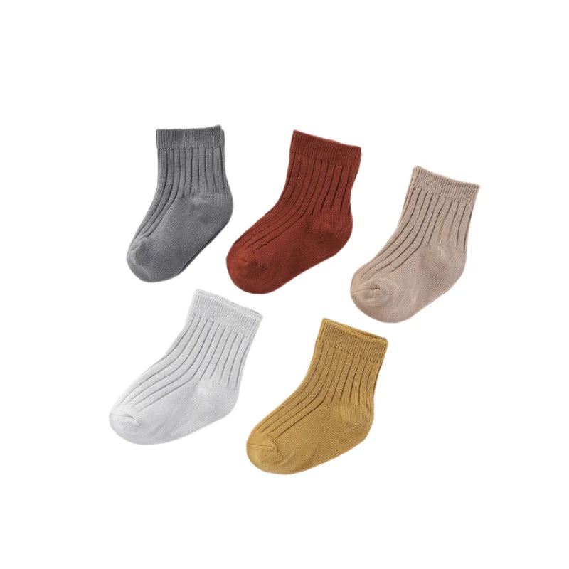 Unisex Baby Cotton Non-Slip Socks Set - 5 Pairs for Infants 0-5T in Solid Colors