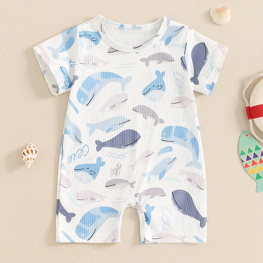 Adorable Ocean Animal Print Summer Rompers for Infants - Unisex Short Sleeve Jumpsuit