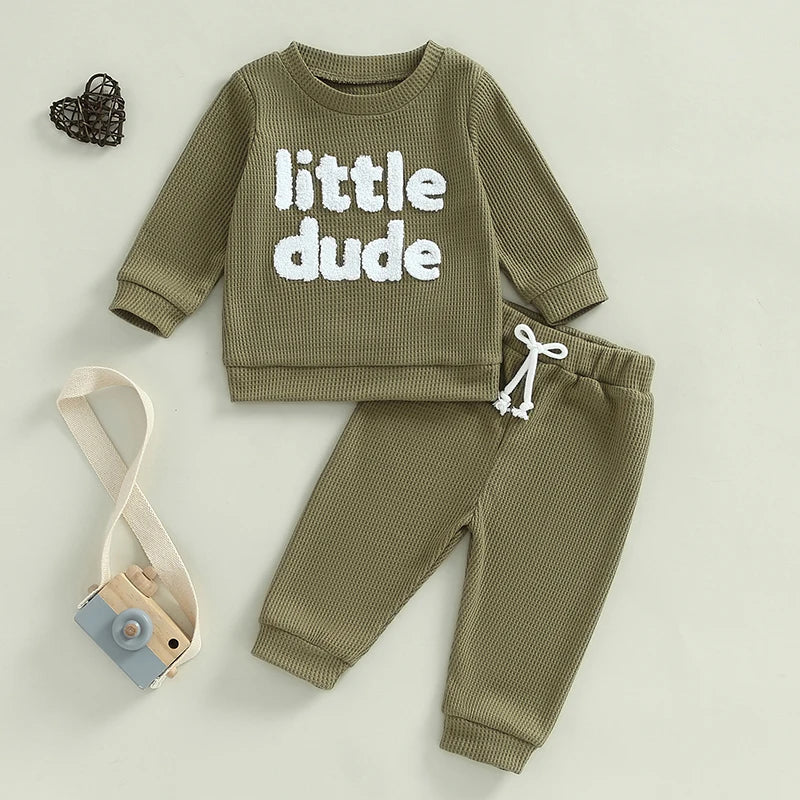 Unisex Baby Waffle Outfit Set with Letter Embroidery - Long Sleeve Sweatshirt and Elastic Waist Pants for Newborns