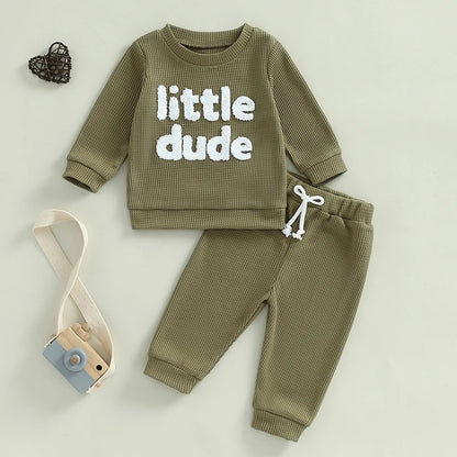Unisex Baby Waffle Outfit Set with Letter Embroidery - Long Sleeve Sweatshirt and Elastic Waist Pants for Newborns