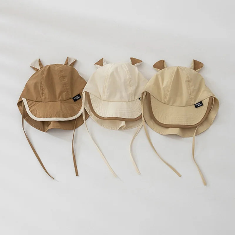 Adorable Cartoon Bear Ear Bucket Hat for Babies - Quick Drying Sun Protection Cap for Kids, Adjustable Straps, Perfect for Spring and Summer