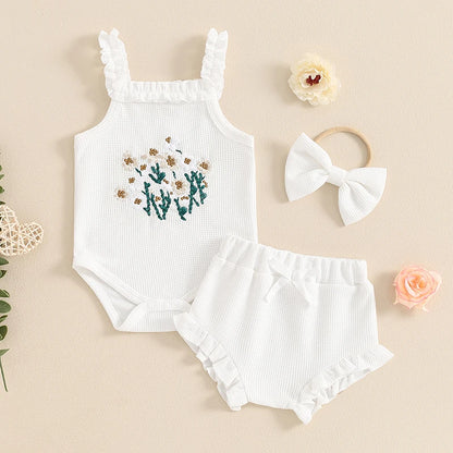 3-Piece Summer Outfit Set for Baby Girls - Waffle Flower Embroidered Sleeveless Romper, Ruffle Shorts, and Headband